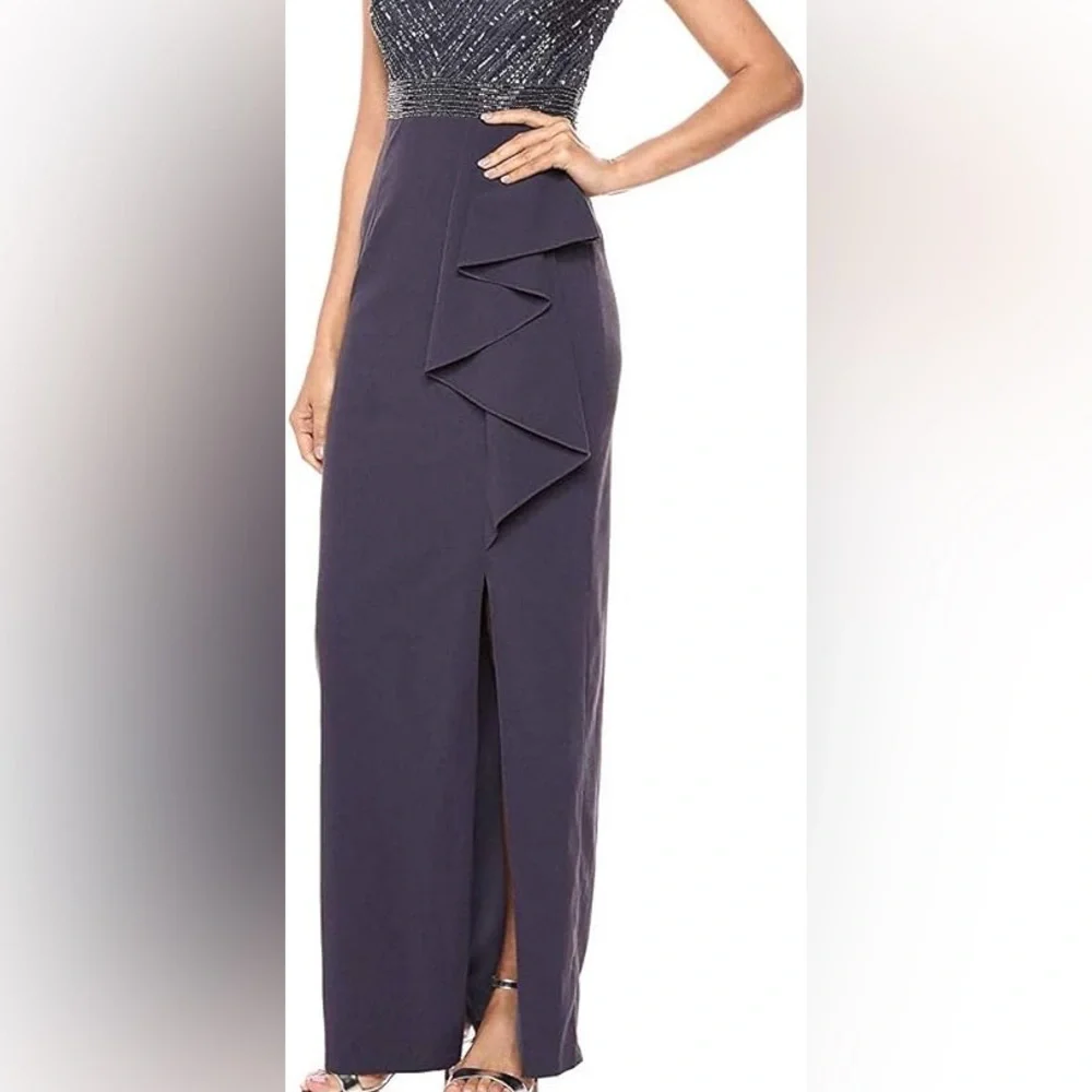 Adrianna Papell‎ Formal Dress Gown Gray Floral Embroidery  Ruffle Side Slit 2 - Picture 3 of 15